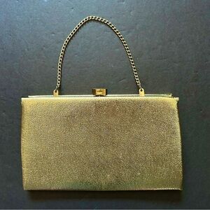 Vintage After Five Textured Gold Handbag, Chain Strap Can Tuck In To Make Clutch